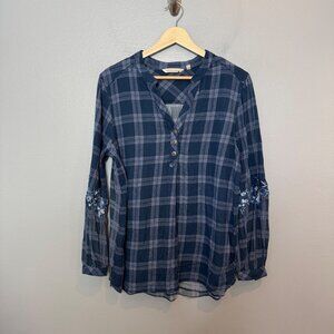 SOFT SURROUNDINGS blue plaid popover tunic with chiffon sleeves/back size M